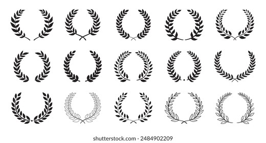 Laurel wreath. Set outline silhouette hand drawn laurel wreaths isolated Doodle floral frames. Vector illustration