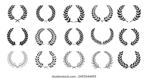 Laurel wreath. Set outline silhouette hand drawn laurel wreaths isolated Doodle floral frames. Vector illustration