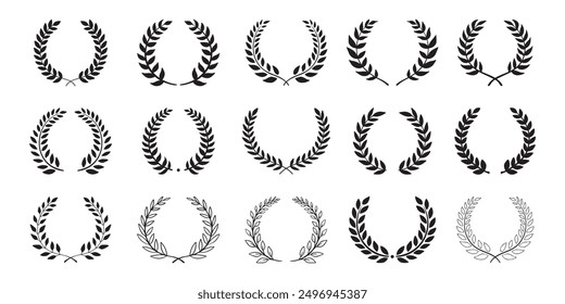 Laurel wreath. Set outline silhouette hand drawn laurel wreaths isolated Doodle floral frames. Vector illustration