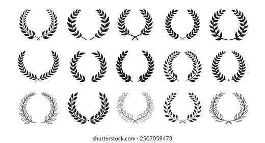 Laurel wreath. Set outline silhouette hand drawn laurel wreaths isolated Doodle floral frames. Vector illustration