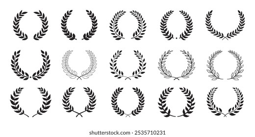 Laurel wreath. Set outline silhouette hand drawn laurel wreaths isolated Doodle floral frames. Vector illustration