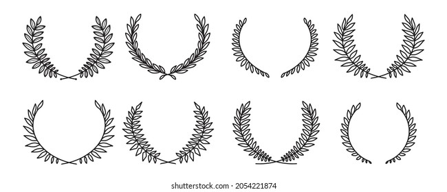 Laurel fue una corona. Conjunto de coronas y coronas de laurel dibujadas a mano vectorial aisladas en fondo blanco. Estilo Doodle. Esquema de marcos florales.