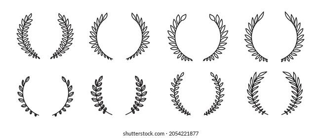 Laurel wreath. Set of outline and vector hand drawn laurel wreaths isolated on white background. Doodle style. Outline floral frames.