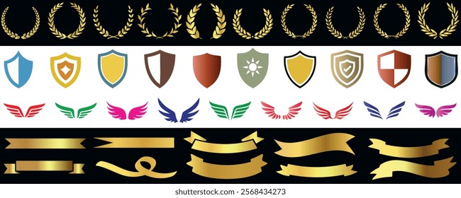 Laurel wreath, shield, wing and gold ribbons vector set. Elegant heraldic elements, award decorations, and emblems for design projects, certificates, and insignias