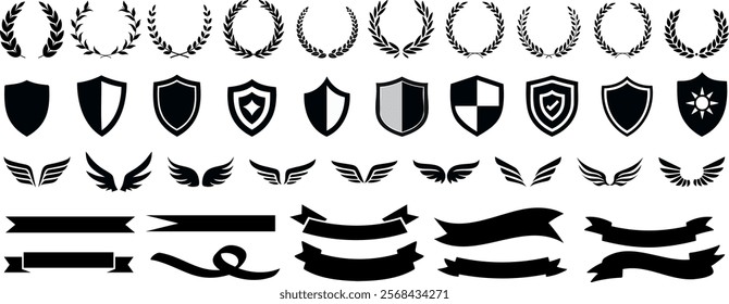 Laurel wreath, shield, wing, ribbon, and banners vector set. Laurel wreaths, shields, wings, ribbons illustration for awards, heraldry, logos, badges, and branding designs