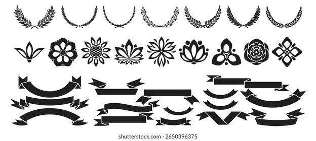 Coroa de louro, escudo, asa, fita e conjunto de vetores de banners. Coroas de louro, escudos, asas, fitas ilustração para prêmios, heráldica, logotipos, distintivos e desenhos de marca