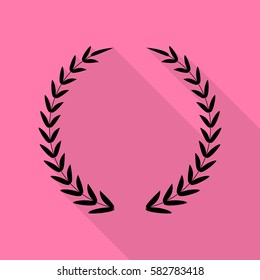 Laurel Wreath sign. Black icon with flat style shadow path on pink background.