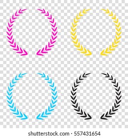 Laurel Wreath sign. CMYK icons on transparent background. Cyan, magenta, yellow, key, black.