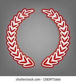 Laurel Wreath sign. Flat red icon with linear white icon with gray shadow at grayish background. Illustration.