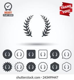 Laurel Wreath sign icon. Triumph symbol. Circle, star, speech bubble and square buttons. Award medal with check mark. Thank you ribbon. Vector