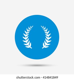 Laurel Wreath sign icon. Triumph symbol. Blue circle button with icon. Vector