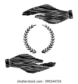Laurel Wreath sign. Save or protect symbol by hands with scribble effect.