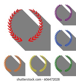 Laurel Wreath sign. Set of red, orange, yellow, green, blue and violet icons at white background with flat shadow.