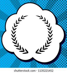 Laurel Wreath sign. Vector. Black icon in bubble on blue pop-art background with rays.