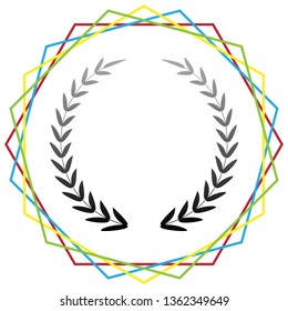 Laurel Wreath sign. Vector. Black icon with patch of light inside colorful hexagonal frames at white background.