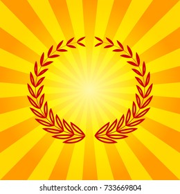 Laurel Wreath sign. Vector. Dark red linear icon on yellowish rays as background.