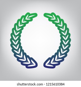 Laurel Wreath sign. Vector. Green to blue gradient contour icon at grayish background with light in center.