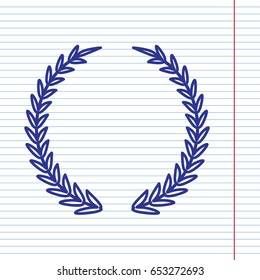 Laurel Wreath sign. Vector. Navy line icon on notebook paper as background with red line for field.