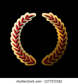Laurel Wreath sign. Vector. Red icon with small black and limitless shadows at golden sticker on black background.
