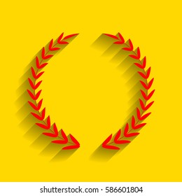 Laurel Wreath sign. Vector. Red icon with soft shadow on golden background.