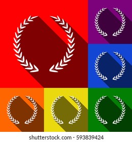 Laurel Wreath sign. Vector. Set of icons with flat shadows at red, orange, yellow, green, blue and violet background.