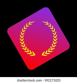Laurel Wreath sign. Vector. Yellow icon at violet-red gradient square with rounded corners rotated for dynamics on black background.