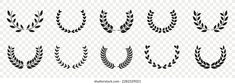 Laurel Wreath Silhouette Black Icon Set. Vintage Circle Olive Leaves, Achievement Emblem. Tree Branch Success Symbol. Winner Chaplet. Leaf Award, Trophy Glyph Pictogram. Isolated Vector Illustration.