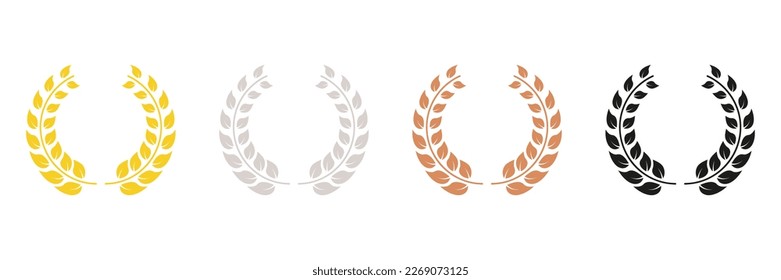 Laurel Wreath Silhouette Icon Set. Gold, Silver, Bronze, Black Leaf Award Glyph Pictogram. Winner Chaplet. Vintage Olive Leaves Emblem. Circle Tree Branch Success Symbol. Isolated Vector Illustration.