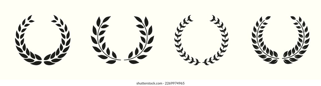 Laurel Wreath Silhouette Icon Set. Circle Leaf Award for Winner Glyph Pictogram. Victory and Prize Sign. Triumph Emblem. Vintage Olive Leaves Symbol. Champion's Trophy. Isolated Vector Illustration.