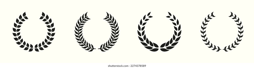 Laurel Wreath Silhouette Icon Set. Vintage Olive Leaves Symbol. Champion's Trophy. Circle Leaf Award for Winner Glyph Pictogram. Victory and Prize Sign. Triumph Emblem. Isolated Vector Illustration.