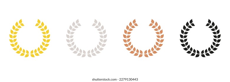 Laurel Wreath Silhouette Icon Set. Gold, Silver, Bronze, Black Leaf Award Glyph Pictogram. Circle Tree Branch Success Symbol. Winner Chaplet. Vintage Olive Leaves Emblem. Isolated Vector Illustration.