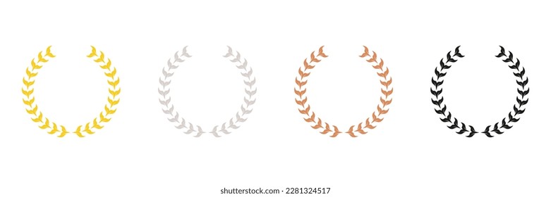 Laurel Wreath Silhouette Icon Set. Gold, Silver, Bronze, Black Leaf Award Glyph Pictogram. Winner Chaplet. Circle Tree Branch Success Symbol. Vintage Olive Leaves Emblem. Isolated Vector Illustration.