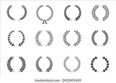 laurel wreath silhouette set, flat design, black floral elements on white background