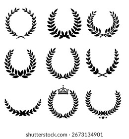 Conjunto de silueta de corona de laurel - Ilustración vectorial.