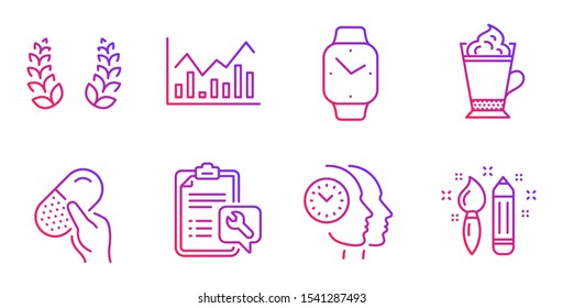 Laurel wreath, Spanner and Time management line icons set. Infochart, Smartwatch and Capsule pill signs. Latte coffee, Creativity symbols. Laureate reward, Repair service. Vector