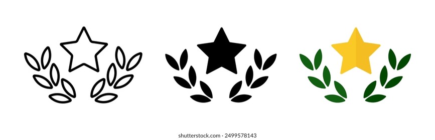 Corona de laurel con icono de estrella. Estrella de oro con hojas verdes adornadas Ilustración vectorial de la chaplet. Símbolo de la corona de Laurel. Letrero de la insignia. Pictograma del premio Campeón. Concepto de recompensa de victoria aislado.