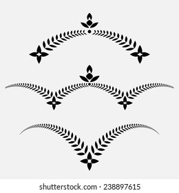 Laurel wreath tattoo. 3 signs set of decorative ornament. Victory, peace, glory, summit symbol. Black silhouette on white background. Vector isolated