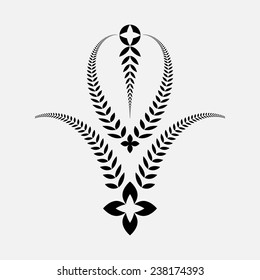 Laurel wreath tattoo. Decorative bowl, goblet icon with crosses. Ornament sign of 5 branches. Victory, peace, glory, summit symbol. Black silhouette on white background. Vector isolated