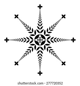 Laurel wreath tattoo. Ornament, sign of 8 branches. Aster, cross of 8 rays. Black icon on white background. Defense, peace, glory symbol. Vector isolated 