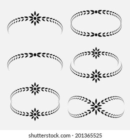 Laurel wreath tattoo set. Black ornaments, signs on white background.  Victory, peace, glory symbol. Vector isolated.