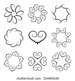 Laurel wreath tattoo set. Wheat with heart silhouettes. Spiral curled swirl signs on white background. Stylized unusual ornament. Valentine day, birthday, belief, glory, love symbol. Vector  isolated