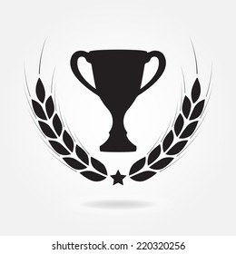 Laurel wreath and trophy cup. Award icon or sign. Black symbol on white background. Vector illustration. 