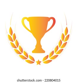 Laurel wreath and trophy cup. Award icon or sign.  Color symbol on white background. Vector illustration. 