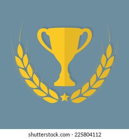 Laurel wreath and trophy cup. Award icon or sign. Flat design. Vector illustration. 
