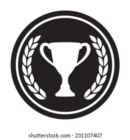 Laurel wreath and trophy cup. Award icon or sign. Black circle winner symbol on white background. Vector illustration. 