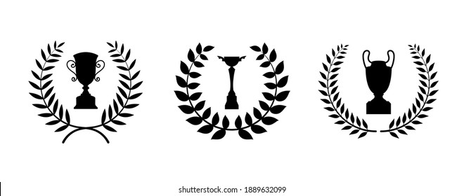 Laurel wreath and trophy cup collection. Champion award. Winner emblems.