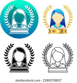 Laurel Wreath Trophy Female Finance Icon, Set of Flat Long Shadow, Black-White Silhouette, Line Art Logo Icon Symbol Isolated on White Background