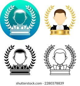 Laurel Wreath Trophy Male Finance Icon, Set of Flat Long Shadow, Black-White Silhouette, Line Art Logo Icon Symbol Isolated on White Background