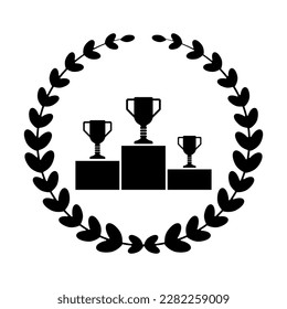 Laurel wreath and Trophy on winners podium icon symbol. Flat vector illustration