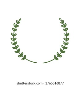 Laurel corona de dos ramas verdes apuntando hacia arriba. Marco lacónico de diseño, minimalista. Un borde de ramas y hojas. Ilustración vectorial. 
Corona de laurel de círculo abierto. Copiar espacio. 